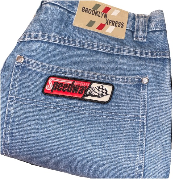 Brooklyn Express Jeans Men Baggy Denim Embroidered Racing Patches Vintage Sz 34 - Picture 9 of 10